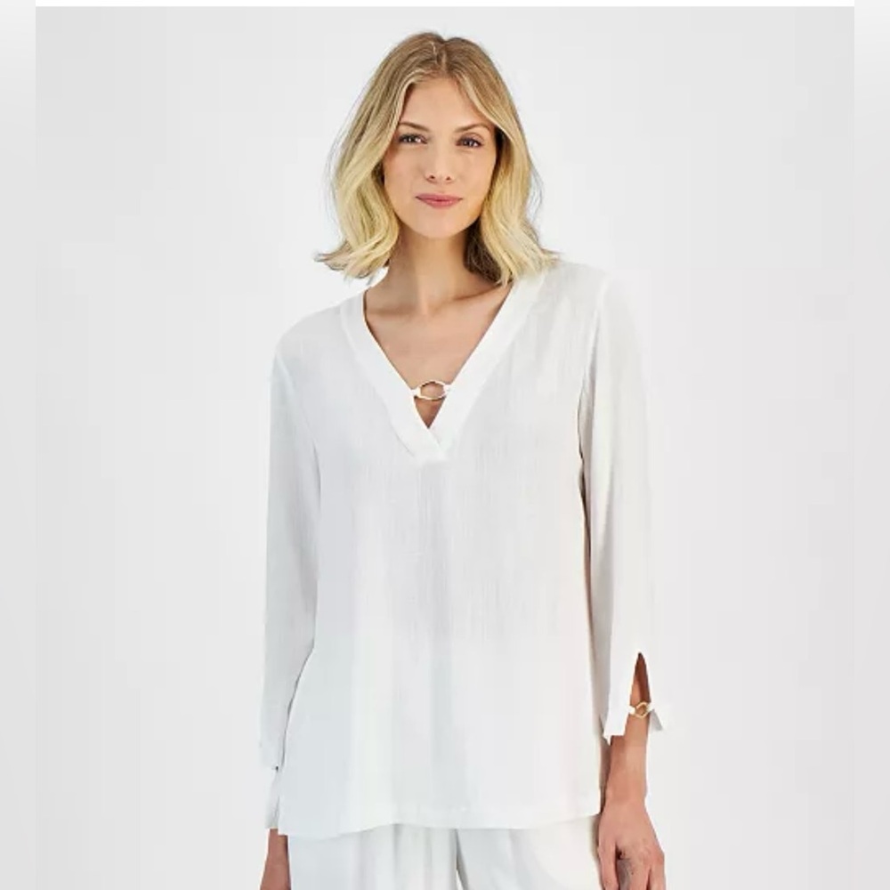 JM Collection Women, Linen Blend Split Cuff Gold O Ring Top White. Sz. PM NWT